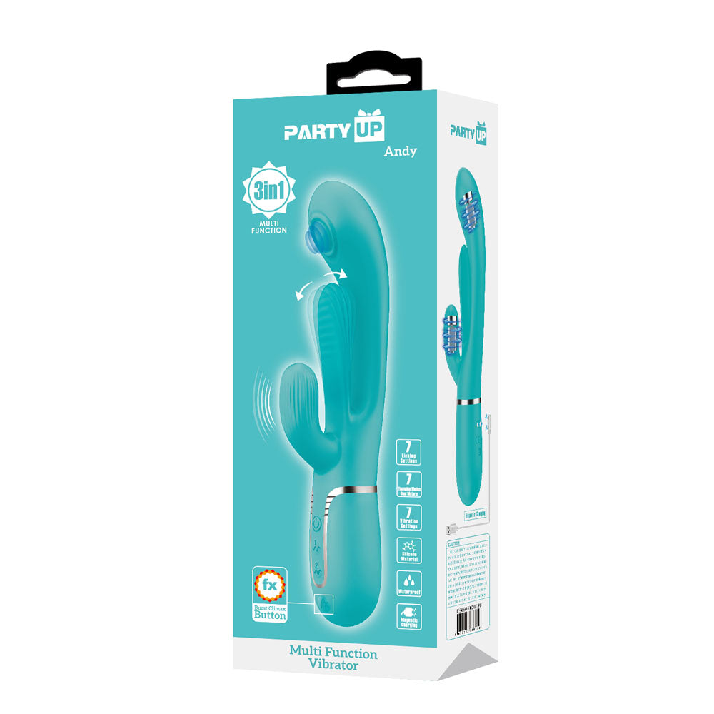 Party Up ANDY Multi Function Vibrator - Teal - Teal 22.2 cm USB Rechargeable Rabbit Vibrator with Flicking and Thumping Tip-BW-500041-1-PU