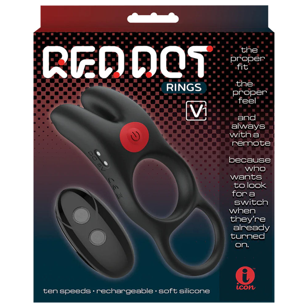 Red Dot Rings - V1 - Black USB Rechargeable Vibrating Cock Ring with Remote-IC5076