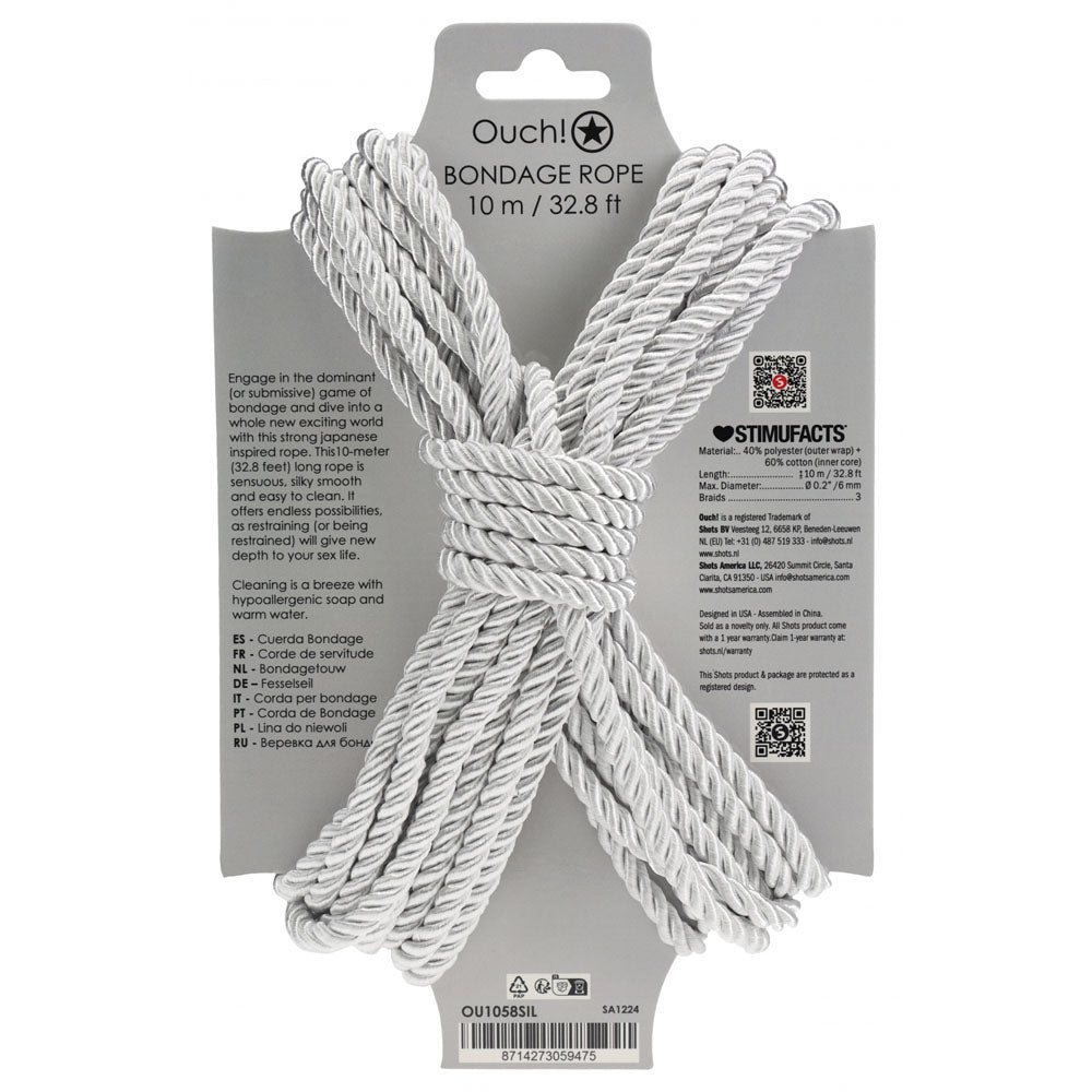 OUCH! Bondage Rope - 10 M - Silver - Silver Nylon Bondage Rope - 10 metre Length-OU1058SIL