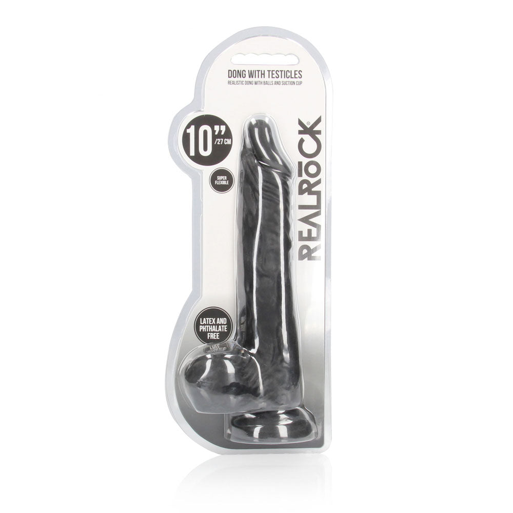 REALROCK 10 Realistic Dong with Balls - Black - Black 25.4 cm Dong - REA097BLK