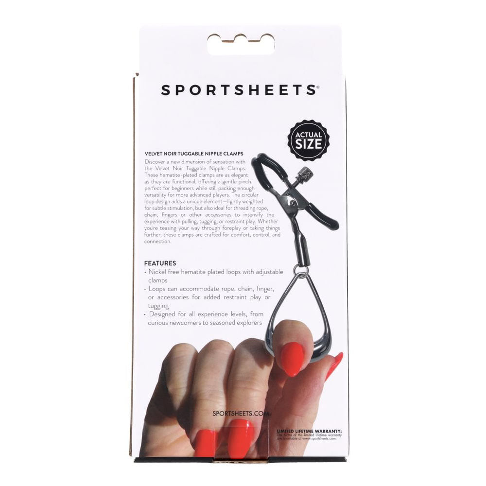 SPORTSHEETS Velvet Noir Tuggable Nipple Clamps - Gunmetal Adjustable Nipple Restraints-SS37005