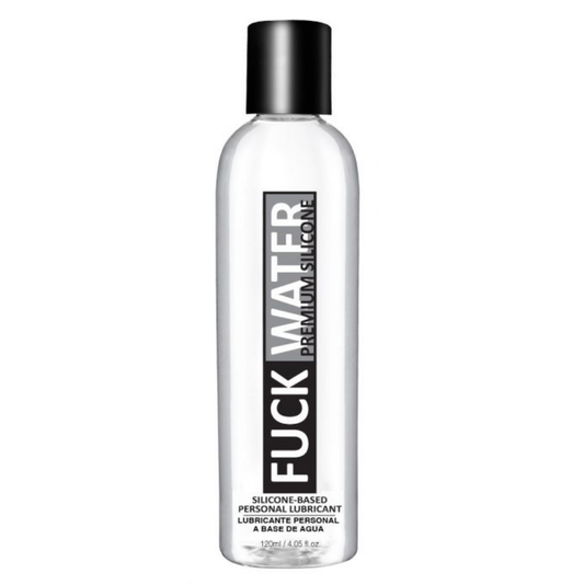 A clear bottle of 'Fuck Water' premium silicone personal lubricant with a black cap, shown against a plain white background.