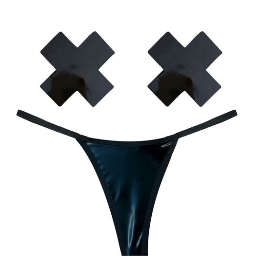 Dom Squad Black Wet Vinyl Pastie & G-String Set-GST-DOM-NKX