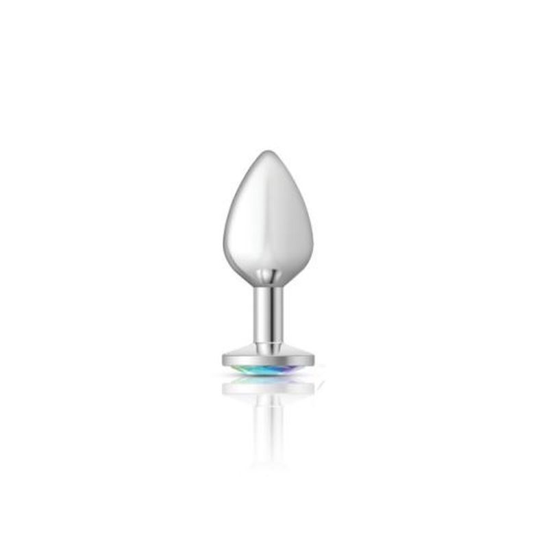Cheeky Charms Silver Round Butt Plug w Clear Iridescent Jewel Medium-VB-CC9115-M