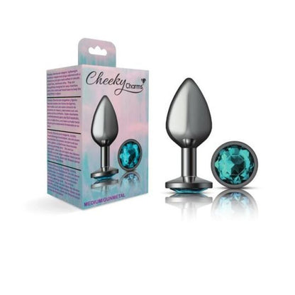 Cheeky Charms Gunmetal Round Butt Plug w Teal Jewel Medium-VB-CC9121-M