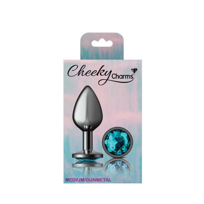 Cheeky Charms Gunmetal Round Butt Plug w Teal Jewel Medium-VB-CC9121-M