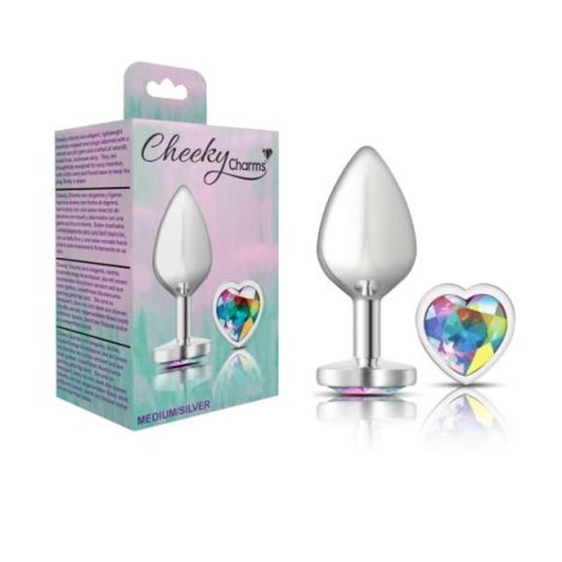 Cheeky Charms Silver Metal  Butt Plug w Heart Clear Jewel Medium-VB-CC9127-M