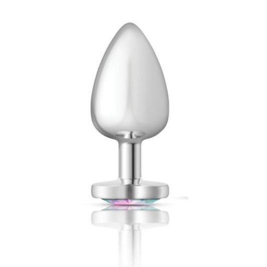 Cheeky Charms Silver Metal  Butt Plug w Heart Clear Jewel Large-VB-CC9128-L
