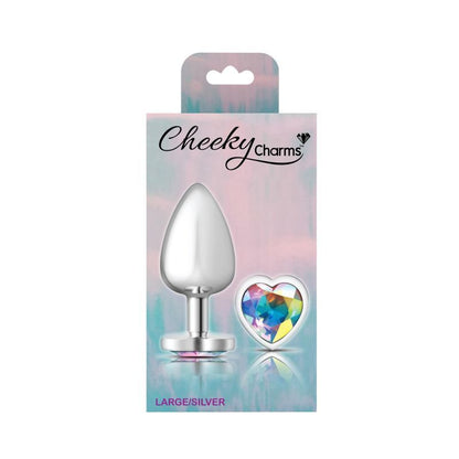 Cheeky Charms Silver Metal  Butt Plug w Heart Clear Jewel Large-VB-CC9128-L