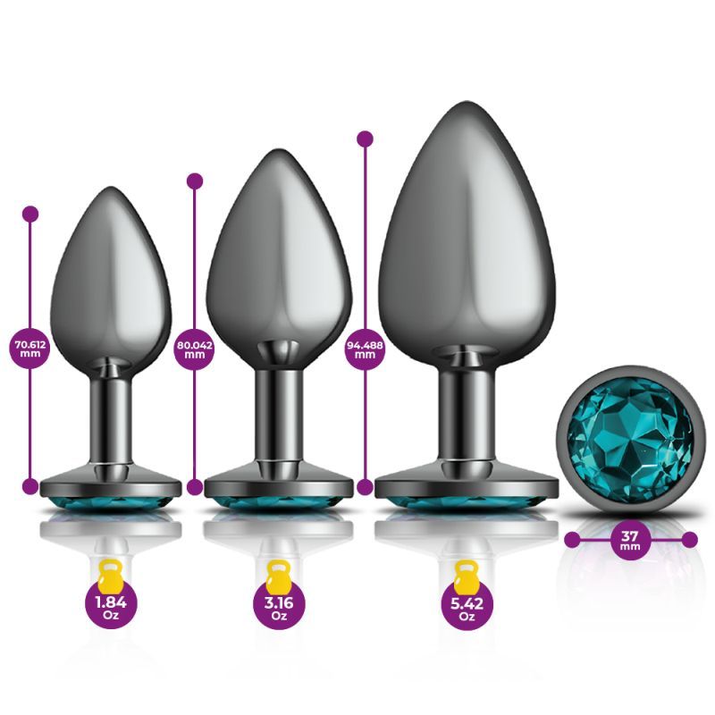 Cheeky Charms Round Metal Butt Plug Gunmetal 3 Pc Kit w Teal Jewel-VB-CC9150
