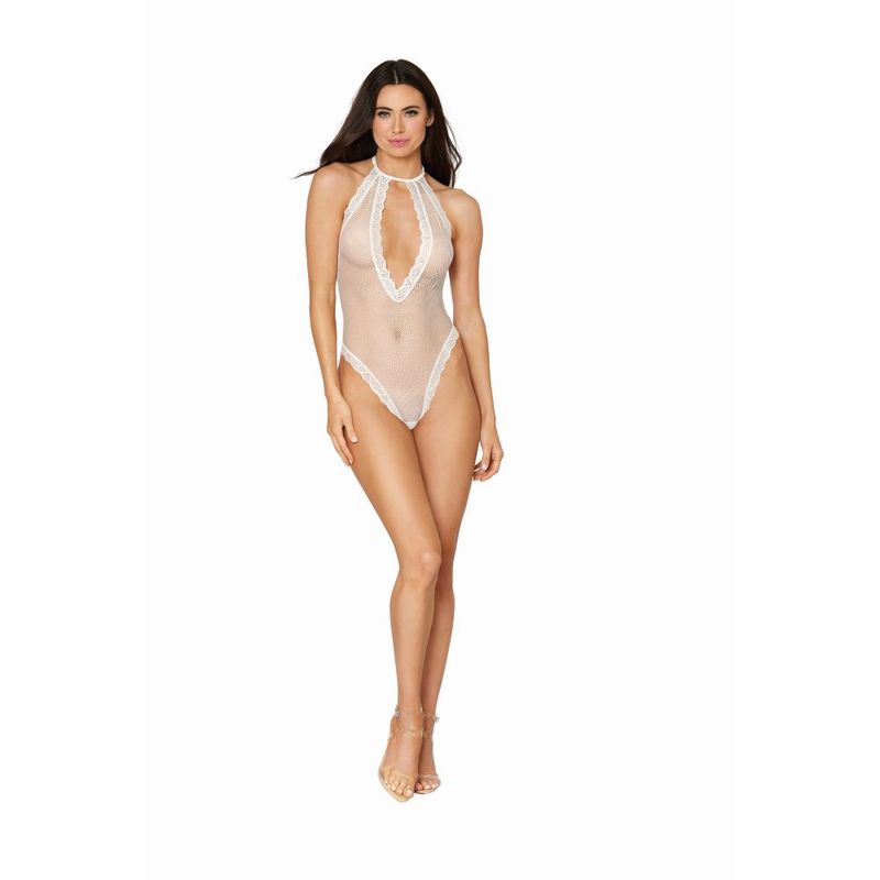 Fishnet Halter Teddy w Stretch Lace Edge Trims White-12832-WHT-O/S