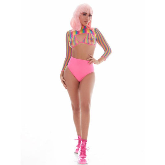 Rainbow Shrug Bikini Top Hot Pants Net Set incl Pasties-64001-RNBW-O/S