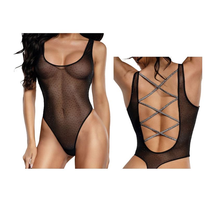 DreamGirl Sheer Mesh Rhinestone Teddy Black-13922-BLK-O/S