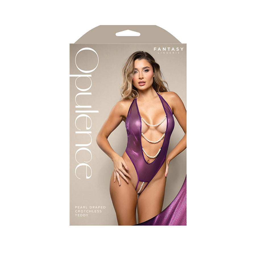 OPULENCE Pearl Draped Crotchless Teddy - Purple - M/L Size-2429PUR-ML-B