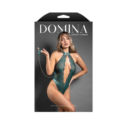 DOMINA Zipper Teddy & Leash - S/M - Pine Green - S/M Size - 2527GRN-SM-B