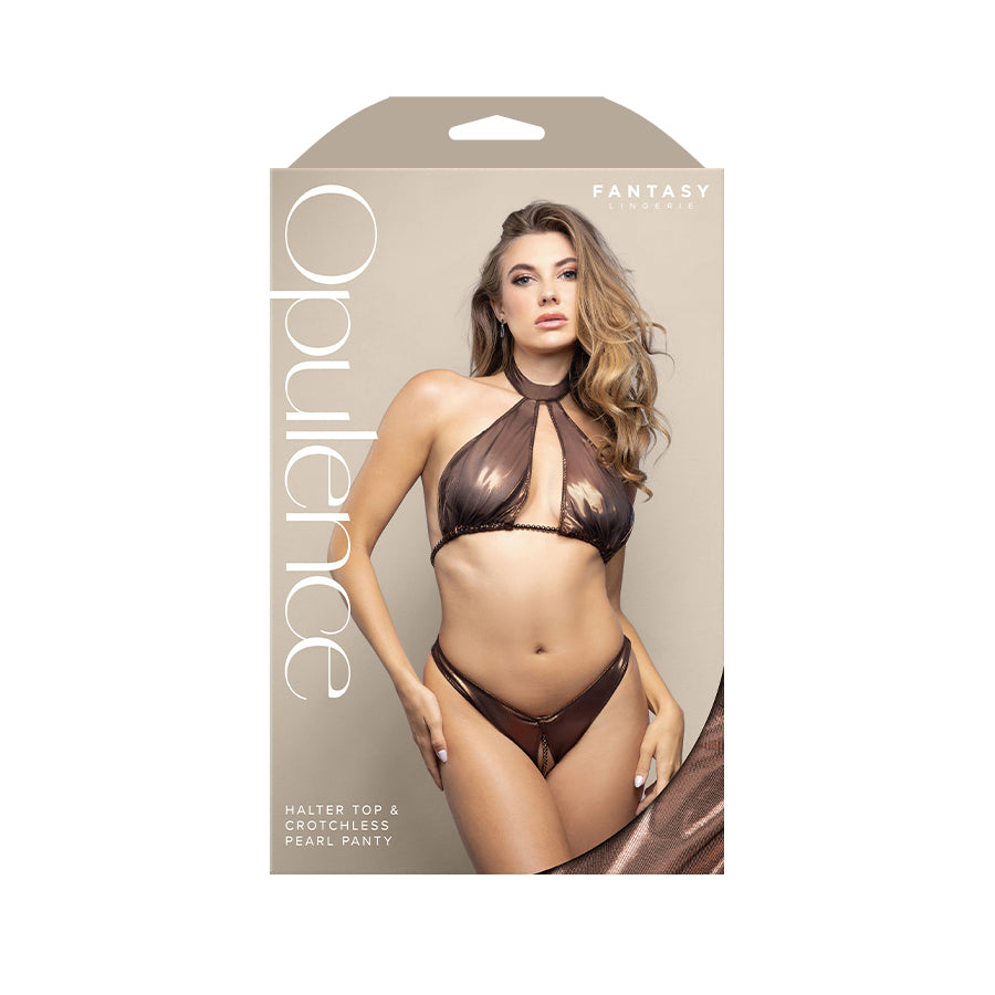 OPULENCE Halter Top & Crotchless Pearl Panty SM - Chocolate - S/M Size - 2643CHO-SM-B