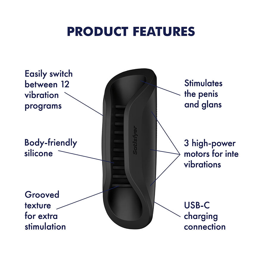 Satisfyer Perfect Grip - Black USB-C Rechargeable Vibrating Masturbator Sleeve - 4068640