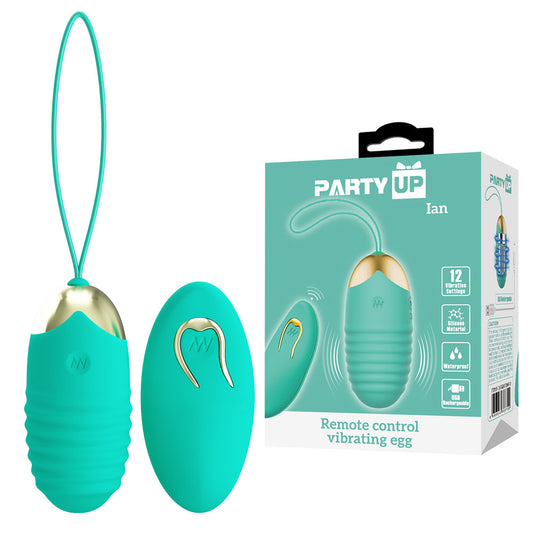 Party Up IAN Remote Egg - Teal - Teal USB Rechargeable Vibrating Egg with Wireless Remote-BI-014362W-3A4-PU