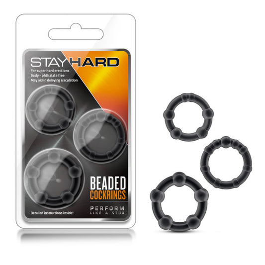 Stay Hard Beaded Cockrings - Black Cock Rings - Set of 3 Sizes-BL-00015