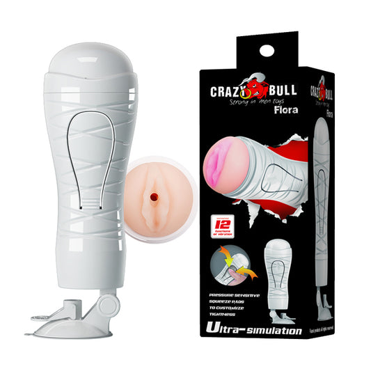 CRAZY BULL FLORA Vibrating Stroker - Flesh USB Rechargeable Vibrating Squeezeable Vagina Stroker with Suction Base-BM-00900T48Z