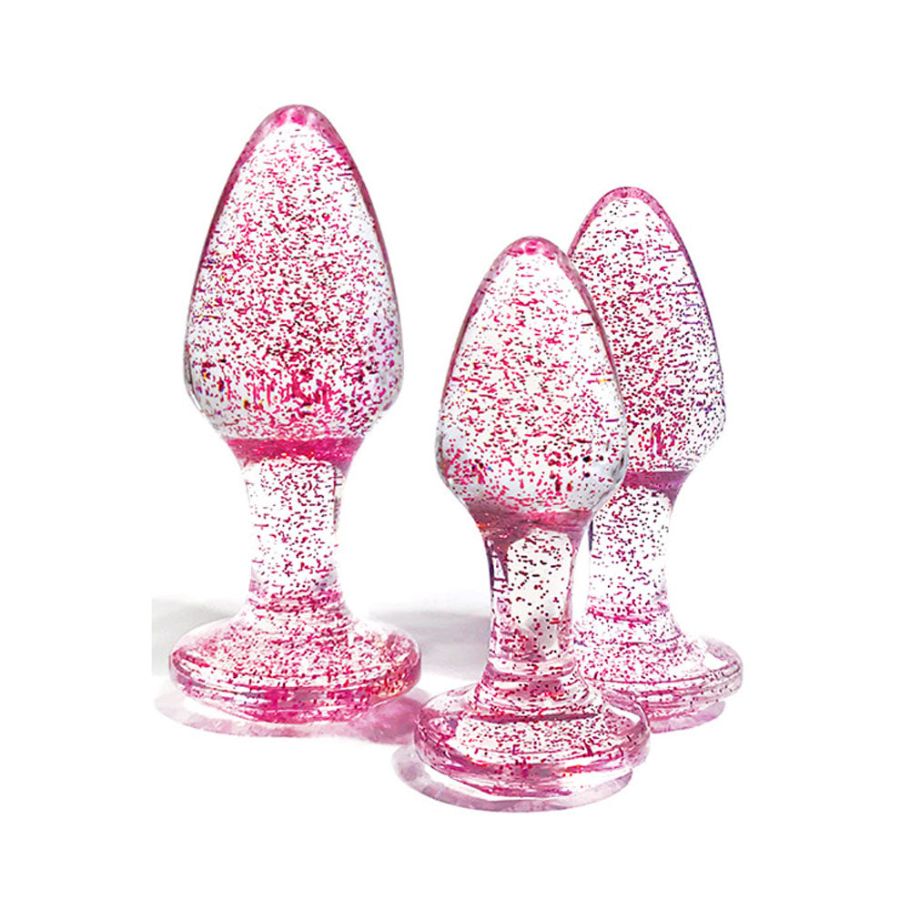 Adam & Eve Glitter Gem 3-Piece Butt Plug Set - Pink - Glitter Pink Butt Plugs - Set of 3 Sizes