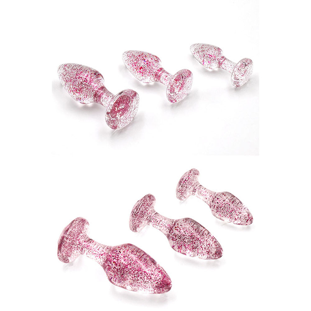 Adam & Eve Glitter Gem 3-Piece Butt Plug Set - Pink - Glitter Pink Butt Plugs - Set of 3 Sizes
