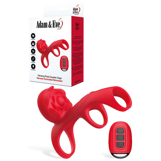 Adam & Eve VIBRATING ROSE COUPLES CAGE - Red USB Rechargeable Vibrating Penis Cage with Wireless Remote - J929 6000