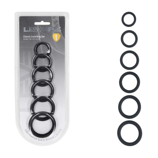 LEVELZ Classic Silicone Cock Ring Set of 6 - Black Cock Rings - Set of 6 Sizes-LVL01-0008BLK