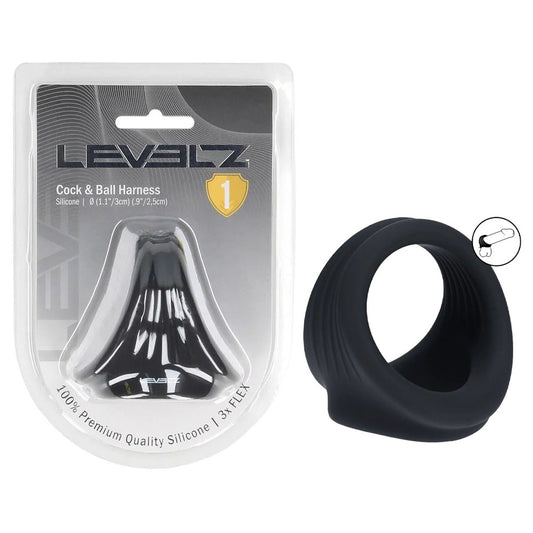 LEVELZ Silicone Cock & Ball Harness - Black - Black Cock & Ball Ring-LVL01-0038BLK
