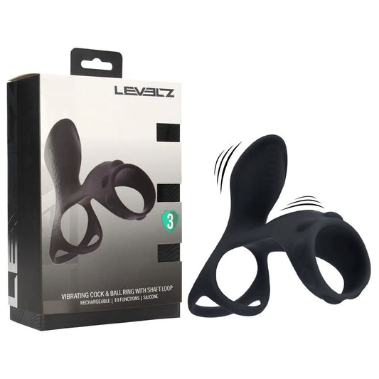 LEVELZ Vibrating Cock & Ball Ring with Shaft Loop - Black USB Rechargeable Vibrating Cock & Ball Rings-LVL03-0031BLK