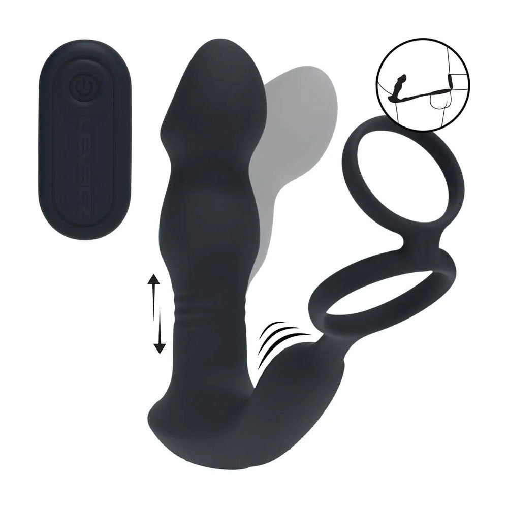 LEVELZ Remote Controlled Prostate Stimulator with Cock Ring - Black USB Rechargeable Vibrating Thrusting Prostate Massager with Cock Ring-LVL03-0042BLK