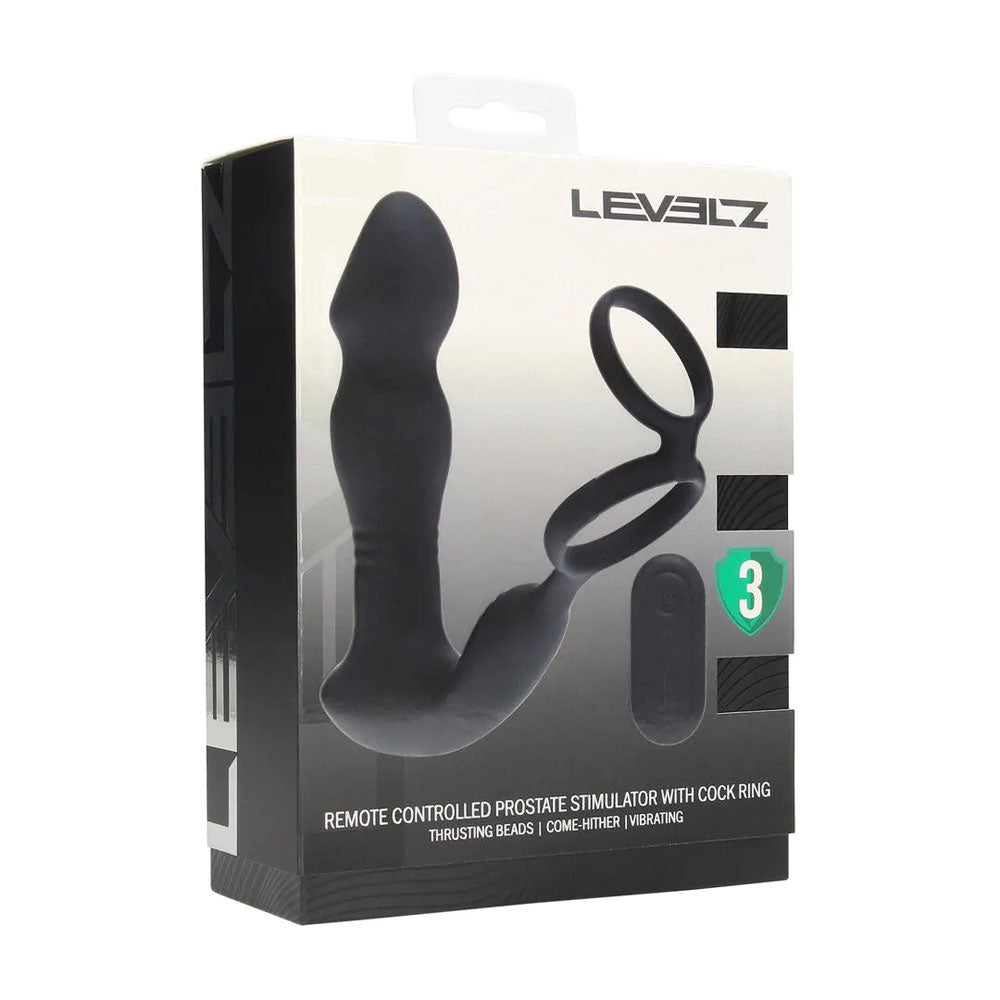 LEVELZ Remote Controlled Prostate Stimulator with Cock Ring - Black USB Rechargeable Vibrating Thrusting Prostate Massager with Cock Ring-LVL03-0042BLK