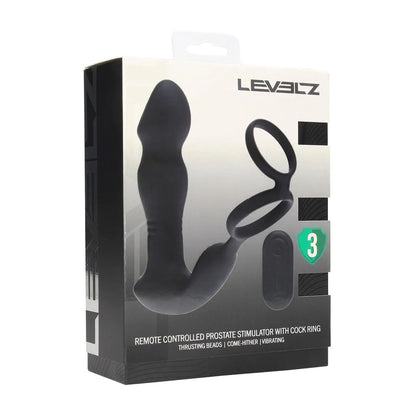 LEVELZ Remote Controlled Prostate Stimulator with Cock Ring - Black USB Rechargeable Vibrating Thrusting Prostate Massager with Cock Ring-LVL03-0042BLK