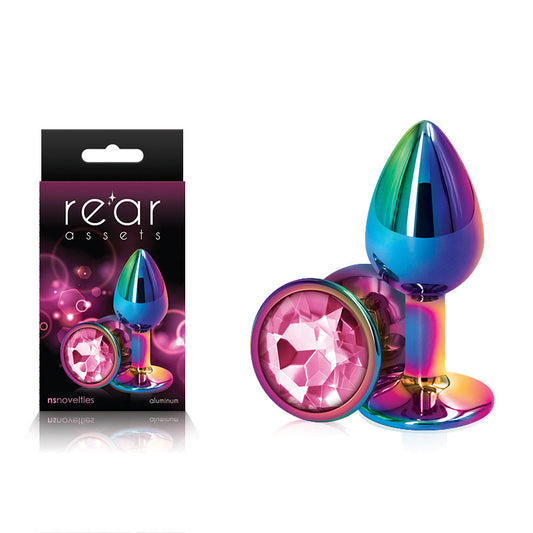 Rear Assets Multi Coloured Small - Multi Coloured Small Metal Butt Plug with Pink Gem Base-NSN-0960-14
