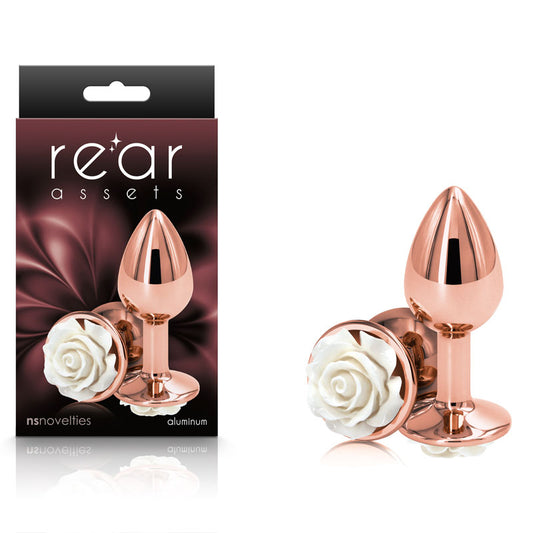 Rear Assets Rose - Small - Rose Gold 7.6 cm Metal Butt Plug with White Rose Base-NSN-0965-11