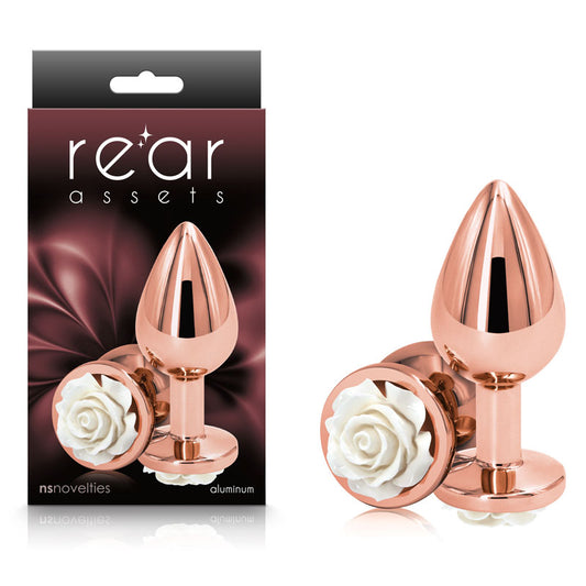 Rear Assets Rose - Medium Rose Gold 8.9 cm Metal Butt Plug with White Base