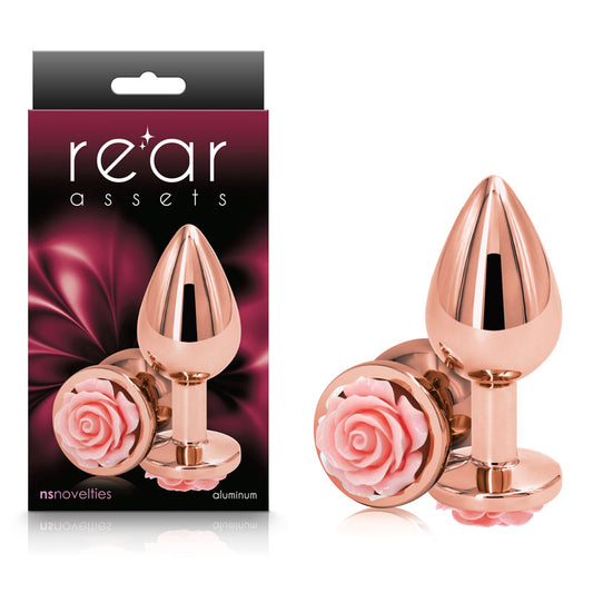 Rear Assets Rose - Medium - Rose Gold 8.9 cm Metal Butt Plug with Pink Rose Base-NSN-0965-24