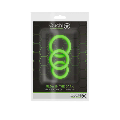 OUCH! Glow In The Dark Cock Ring Set - Glow in Dark Cock Rings - Set of 3 Sizes-OU731GLO