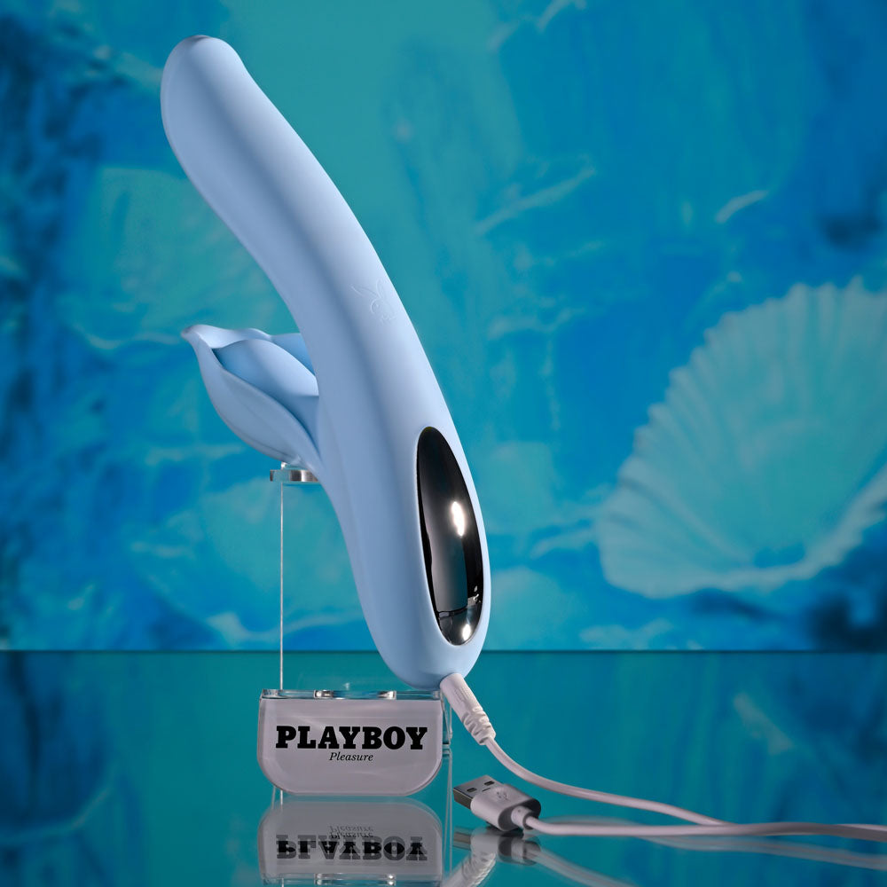 Playboy Pleasure IN BLOOM - Blue 23.5 cm USB Rechargeable Thrusting Tapping & Heating Dual Vibrator-PB-RS-6466-2