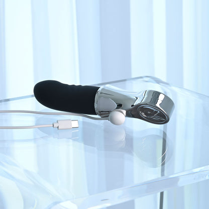Playboy Pleasure BON VOYAGE - Black/Chrome 18.7 cm USB-C Rechargeable Tapping Vibrator - PB-RS-6671-2