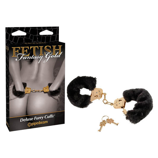 Fetish Fantasy Gold Deluxe Furry Cuffs - Black/Gold Furry Restraints-PD3996-27