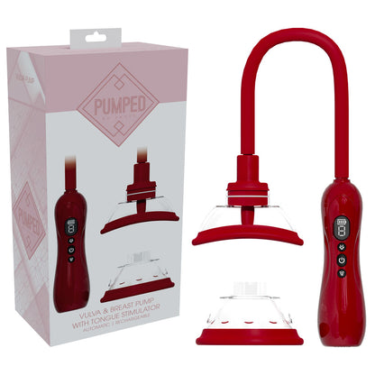 PUMPED Vulva & Breast Pump with Tongue Stimulator - Red - Red USB Rechargeable Ladies Pump Set - PMP070RED