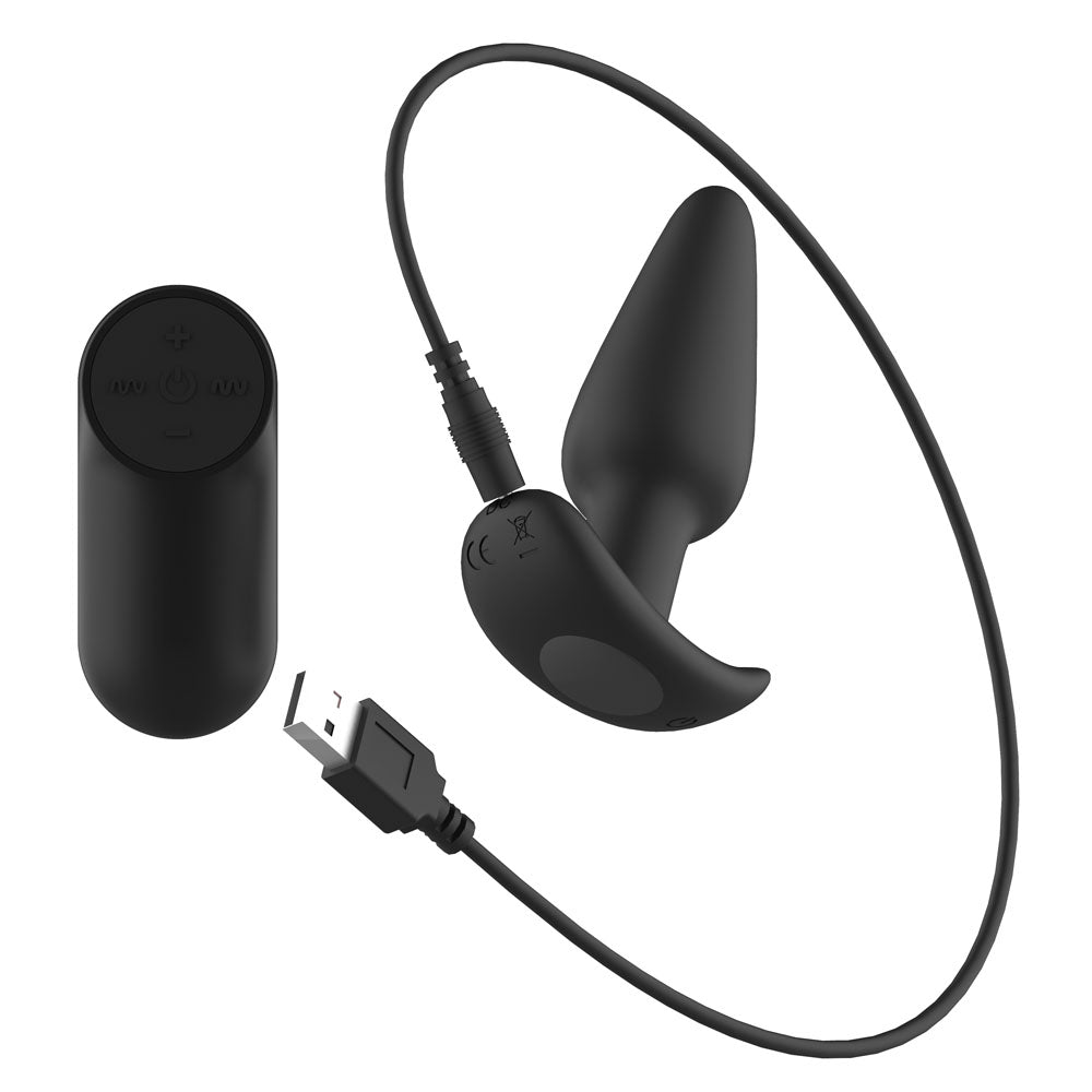 Passion Play Silicone Vibrating Butt Plug with Remote - Black 10.4 cm USB Rechargeable Vibrating Butt Plug with Wireless Remote - PP0007