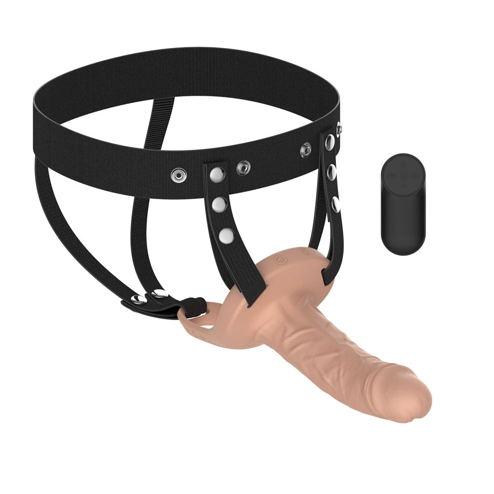 Passion Play Vibrating Realistic Hollow Strap-On - Flesh - Flesh 15.5 cm USB Rechargeable Vibrating Hollow Strap-On with Wireless Remote - PP0215