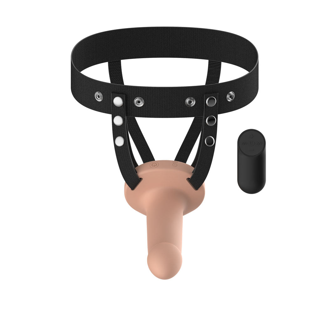 Passion Play Vibrating Smooth Hollow Strap-On - Flesh - Flesh 15.5 cm USB Rechargeable Vibrating Hollow Strap-On with Wireless Remote - PP0216