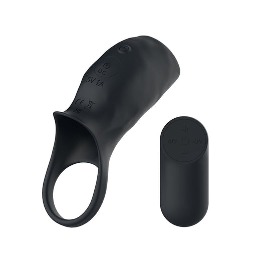 Passion Play Vibrating Cockring Sleeve - Black USB Rechargeable Vibrating Penis Sleeve with Wireless Remote - PP0259