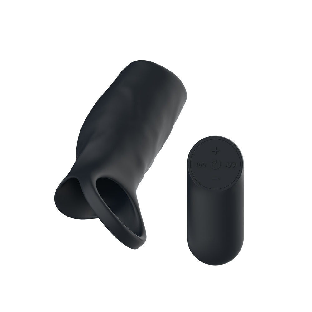 Passion Play Vibrating Cockring Sleeve - Black USB Rechargeable Vibrating Penis Sleeve with Wireless Remote - PP0259