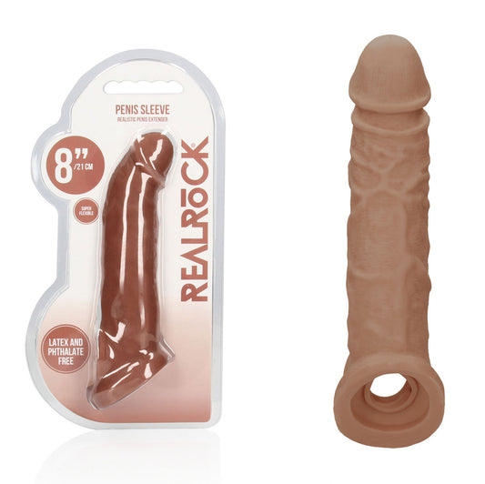 REALROCK 8 Realistic Penis Extender with Rings - Tan - Tan 20.3 cm Penis Extension Sleeve - REA106TAN