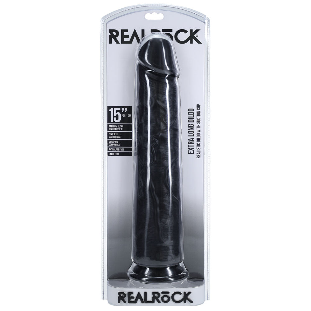 REALROCK 38cm Extra Long Dildo - Black - Black 38 cm (15) Extra Long Dong - REA168BLK