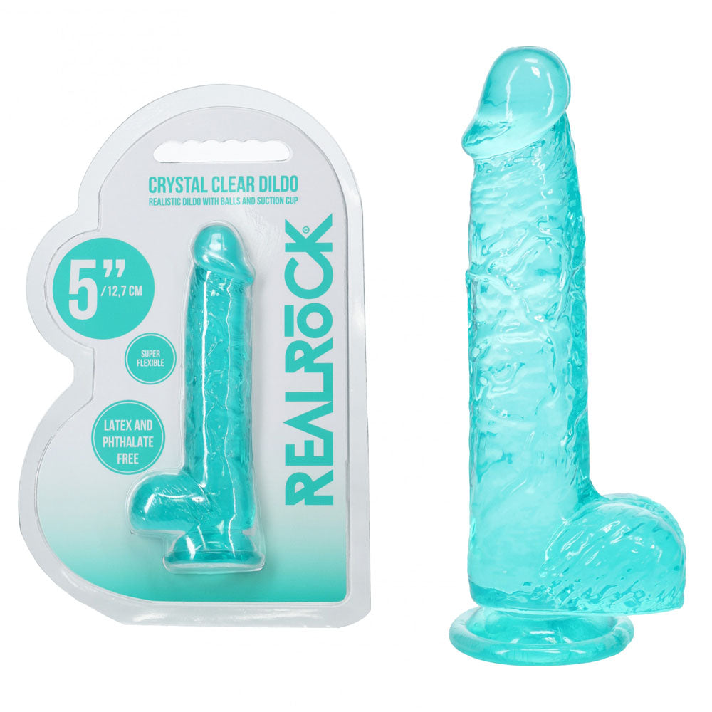 REALROCK 5 Crystal Clear Dildo with Balls - Turquoise - Clear Turquoise 14.7 cm Dong - REA208TUR